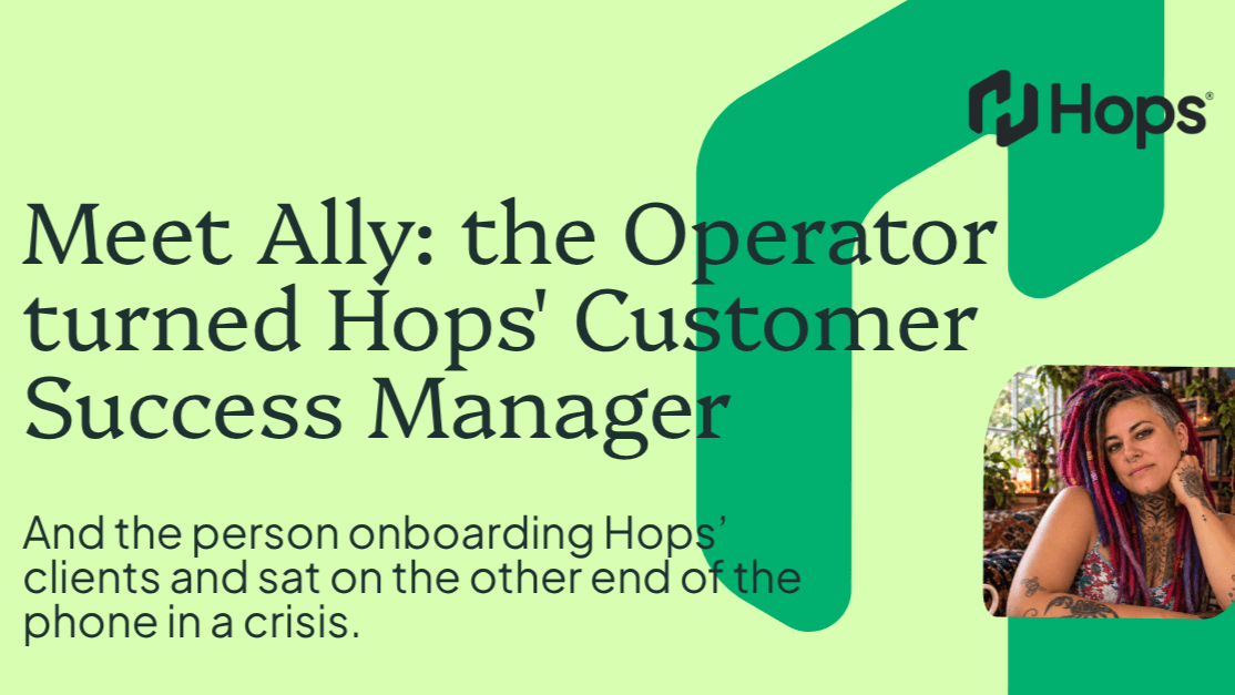 Hops introduction to Ally Parsons, Customer Success Manager, with her portrait on a green background