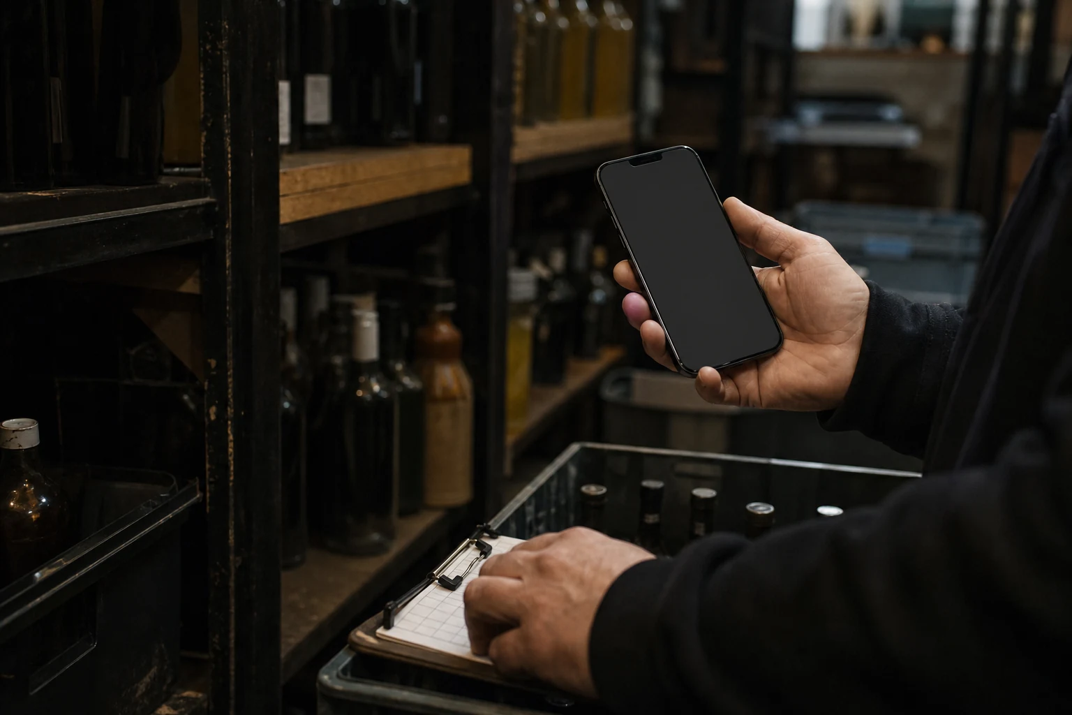 A bar manager counting stock in a basement store, phone in one hand and a paper count sheet in the other