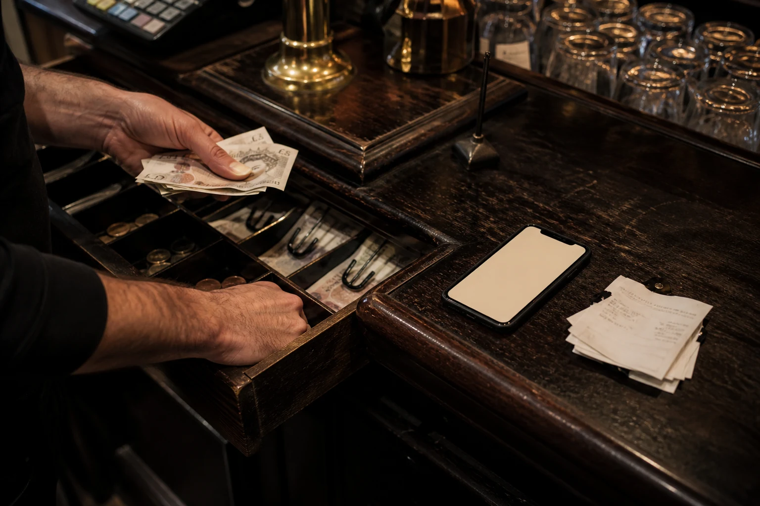 A bar manager counting the till drawer at the close of service