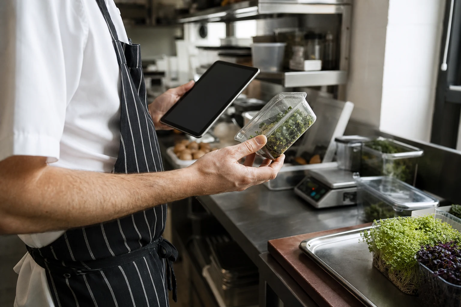 A chef checking ingredients with a tablet in the kitchen